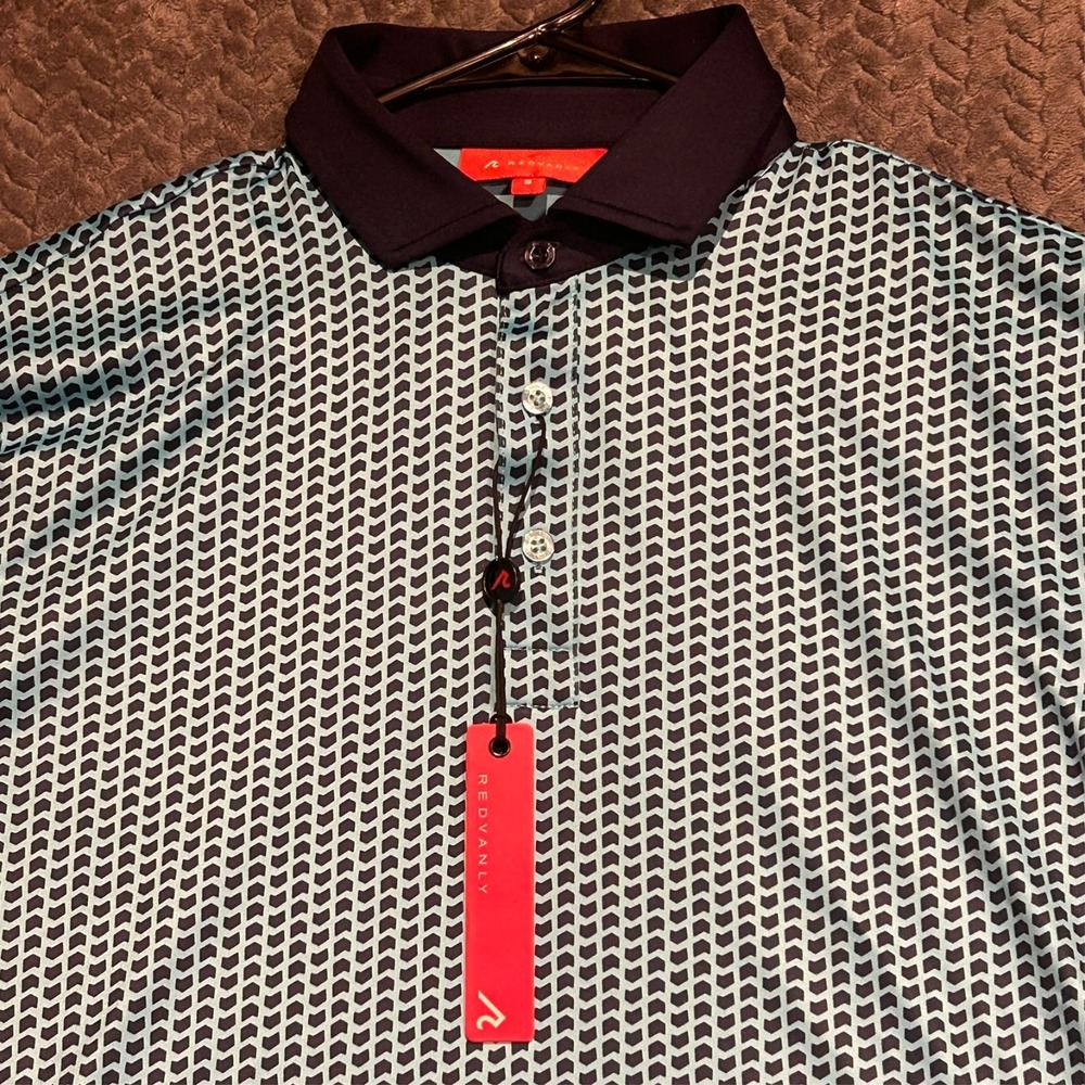 Redvanly Men's Graine Golf Polo Shirt Blue Chevron Pattery Size S NWT